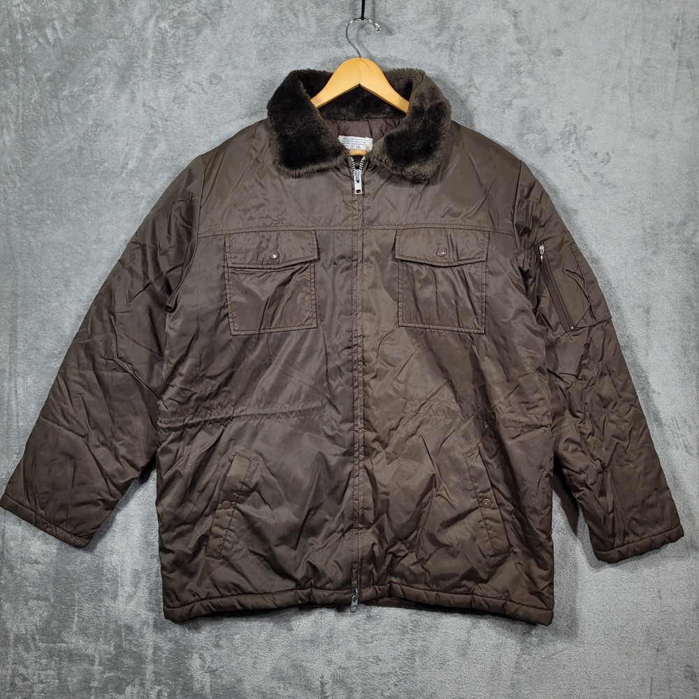 Vintage Sears Work Leisure Brown Nylon Quilted Field Jacket Faux Fur Collar XL T
